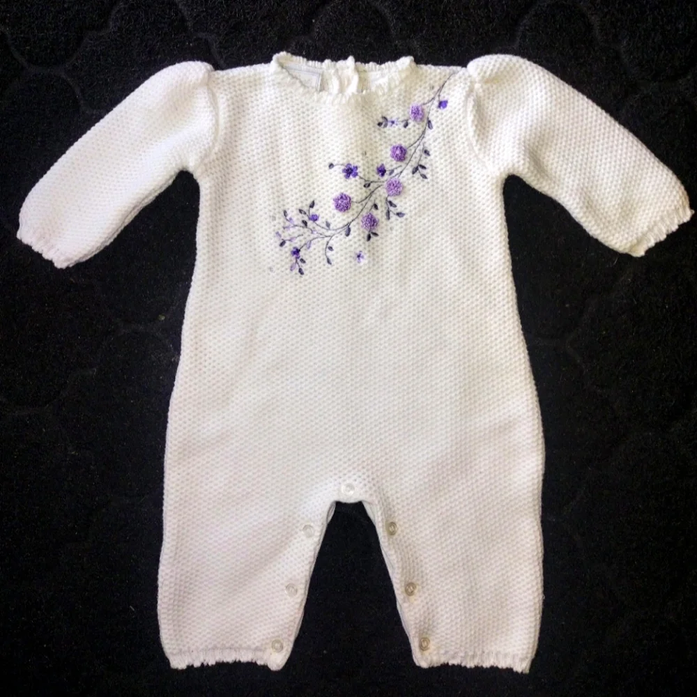 Koala Baby Boutique White Knit Sweater Romper Purple Floral Embroidered 0-3 Mos
